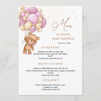 Bear Pink Balloons Baby Shower Menu Menükarte