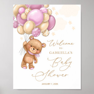 Bear Pink Balloons Babydusche Willkommenspender Poster