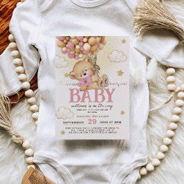 Bear Pink Balloons Bearly Wait Girl Baby Dusche Einladung