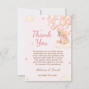 Bear Pink Balloons Girl Baby Dusche Dankeskarte