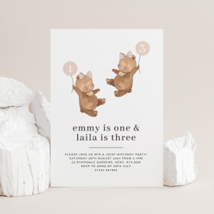 Bear Pink Bow - Joint 1st and 3rd Birthday Einladung