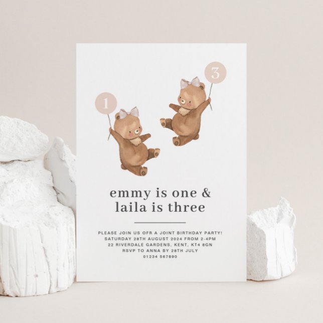 Bear Pink Bow - Joint 1st and 3rd Birthday Einladung (Bear Pink Bow - Joint 1st and 3rd Birthday Invitation)