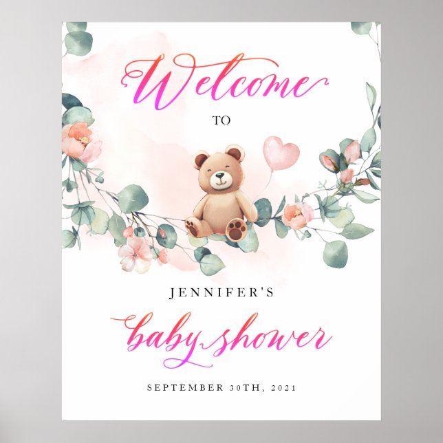 Bear Pink Girl Babydusche Begrüßungszeichen Poster (Vorne)