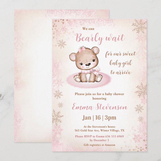 Bear Pink Gold Girl Baby Dusche warten Einladung (Vorne/Hinten)