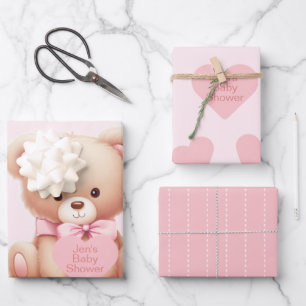 Bear Pink Hearts Baby Dusche Geschenkpapier Set