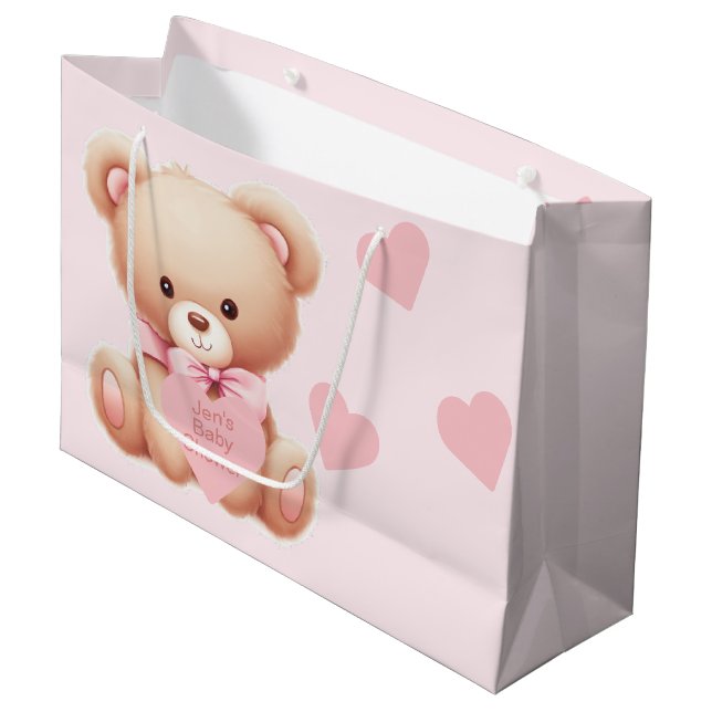 Bear Pink Hearts Baby Dusche Große Geschenktüte (Vorderseite Schrägansicht)