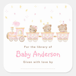 Bear Pink Train Baby Dusche Buchzeichen Quadratischer Aufkleber