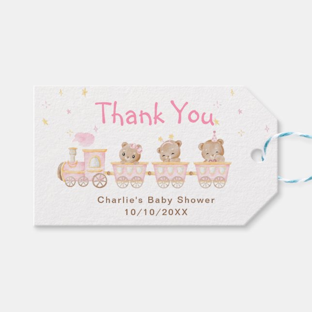 Bear Pink Train Baby Dusche Vielen Dank Geschenkanhänger (Vorderseite (Horizontal))