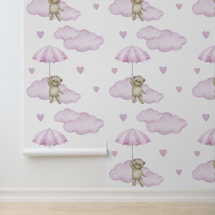 Bear Pink Umbrella Clouds Hearts Baby Girl Kinderz Tapete