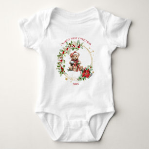 Bear Poinsettia Foliage Baby's First Christmas Baby Strampler