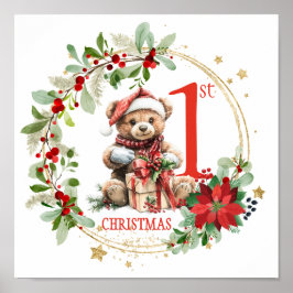 Bear Poinsettia Foliage Baby's First Christmas Poster