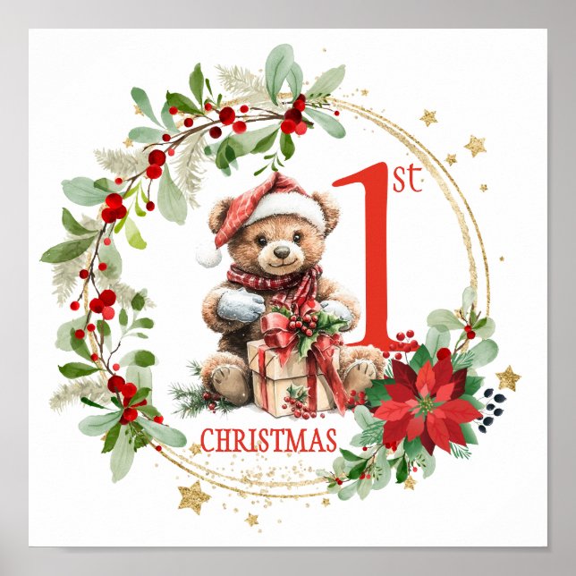 Bear Poinsettia Foliage Baby's First Christmas Poster (Vorne)
