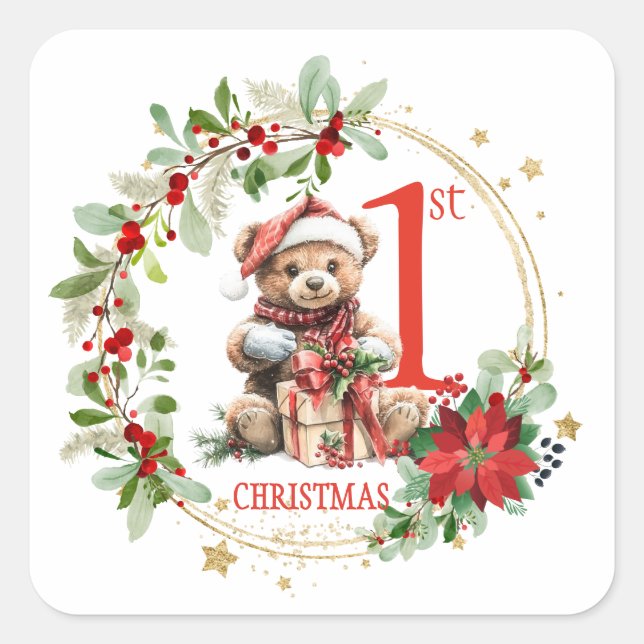 Bear Poinsettia Foliage Baby's First Christmas Quadratischer Aufkleber (Vorderseite)