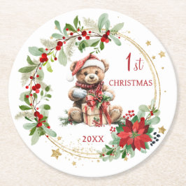 Bear Poinsettia Foliage Baby's First Christmas Runder Pappuntersetzer