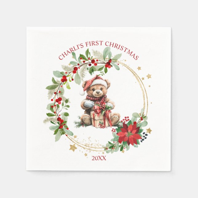 Bear Poinsettia Foliage Baby's First Christmas Serviette (Vorderseite)