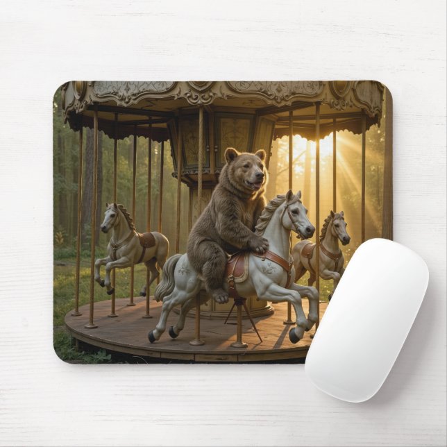 Bear Riding a Carousel Horse in a Forest Mousepad (Mit Mouse)