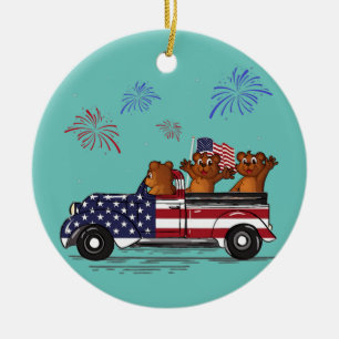 Bear Riding LKW Fahne Amerikanisches Feuerwerk Fun Keramik Ornament