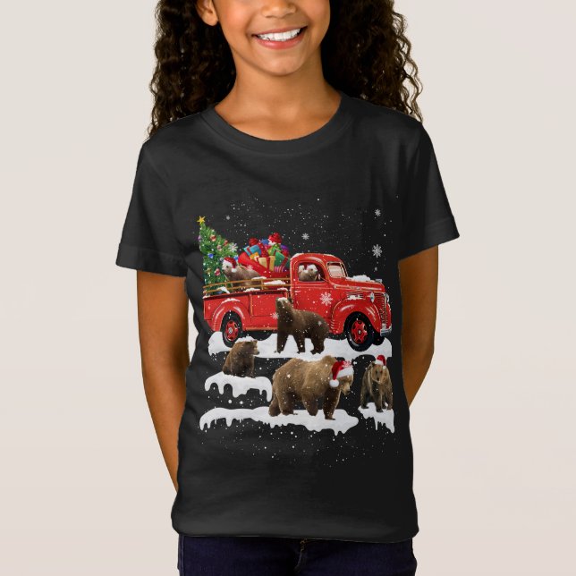 Bear Riding Red Truck Frohe Weihnachts Weihnachten T-Shirt (Vorderseite)