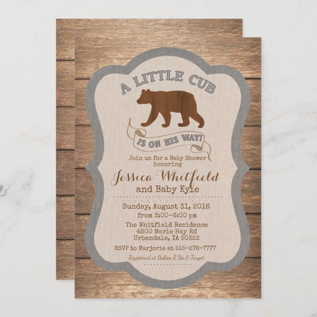 Bear Rustic Wood Baby Dusche Einladung (Vorne/Hinten)