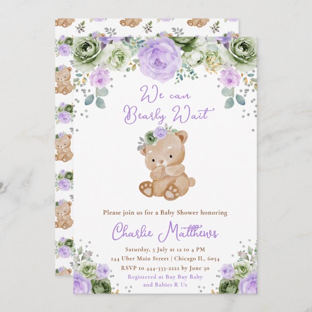 Bear Sage Green und Purple Blumen Babydusche Einladung (Vorne/Hinten)
