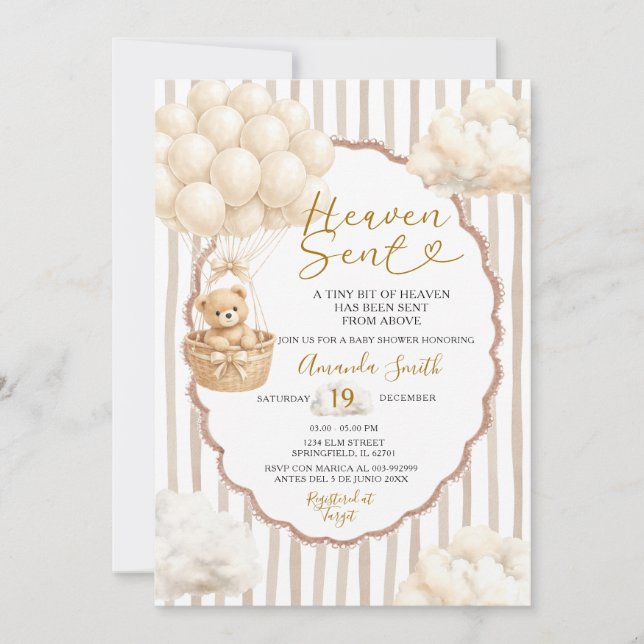 Bear Stripe Beige Balloon Heaven Sent Baby Shower  Einladung (Vorderseite)