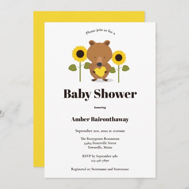 Bear Sunflowers Kinderdusche Einladung (Vorne/Hinten)