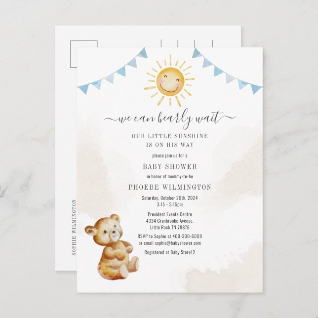 Bear Sunshine Watercolor Boy Baby Dusche Einladungspostkarte (Vorne/Hinten)