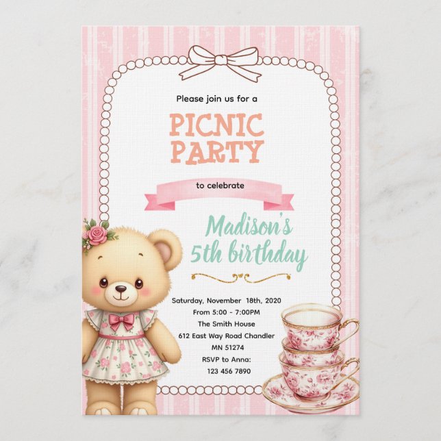 Bear tea party invitation einladung (Vorderseite)