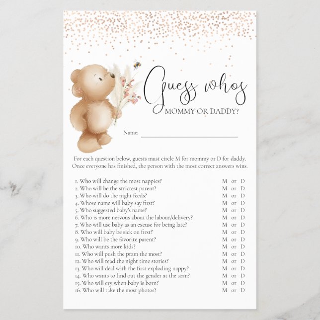 Bear & The Bee 'Guess Who' Baby Shower Game Flyer (Vorne)