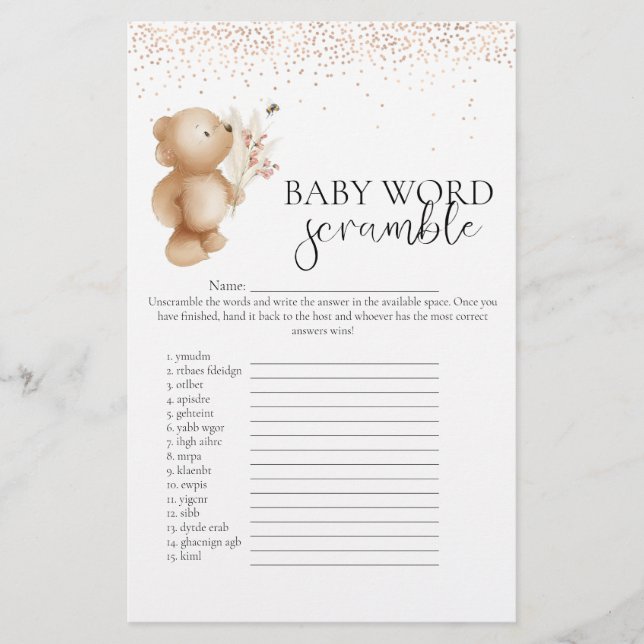 Bear & The Bee 'Word Scramble' Baby Shower Game (Vorderseite)
