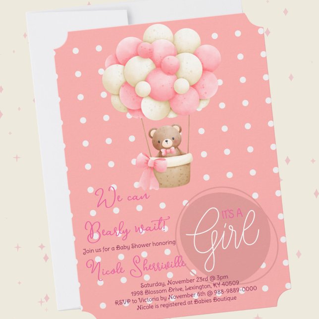 Bear Theme Pink Peach Heißluftballon Babydusche Einladung (Bear Theme Pink Peach Hot Air Balloon Baby Shower Theme)
