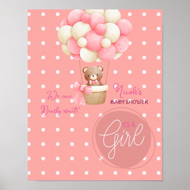 Bear Theme Pink Peach Heißluftballon Babydusche Poster (Vorne)
