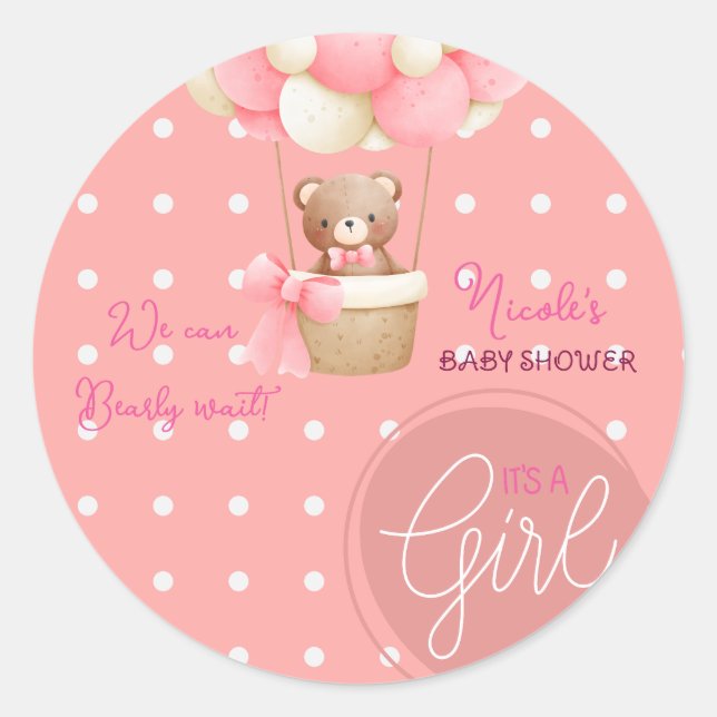 Bear Theme Pink Peach Heißluftballon Babydusche Runder Aufkleber (Vorderseite)