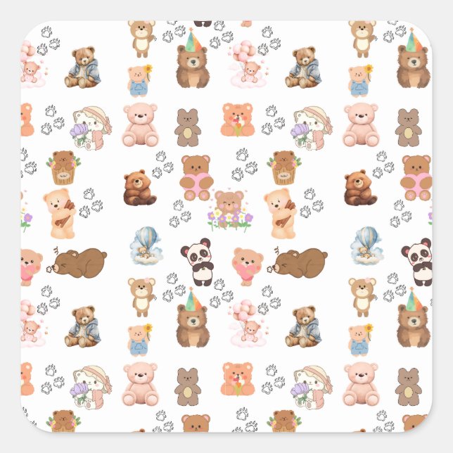 Bear-Themed Pattern Square Sticker | Fu (Vorderseite)