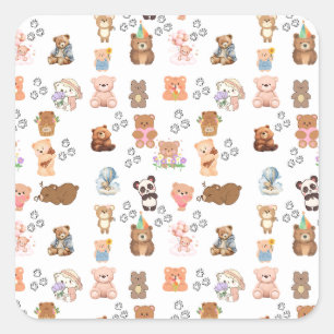 Bear-Themed Pattern Square Sticker   Fu