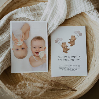 Bear Twin Girls Foto Gemeinsame 1. Geburtstagsfeie Einladung