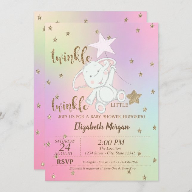 Bear, Twinkle Little Star Holographic Baby Showroo Einladung (Vorne/Hinten)
