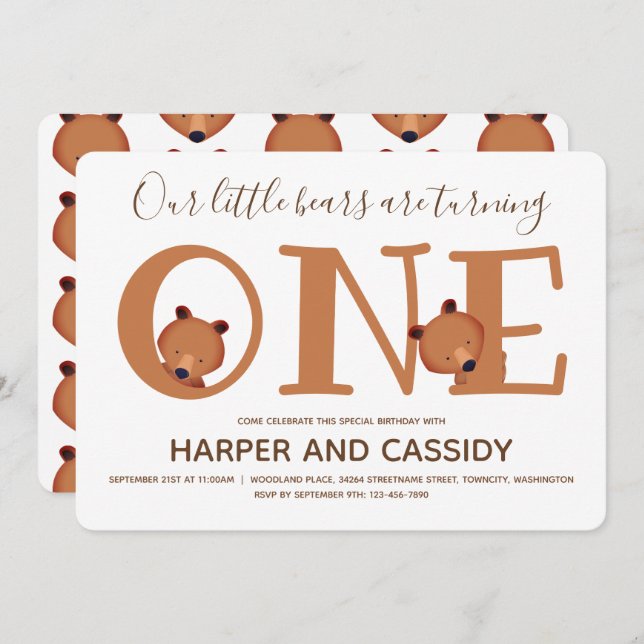 Bear Twins One Süße Tier Erster Geburtstag Einladung (Vorne/Hinten)