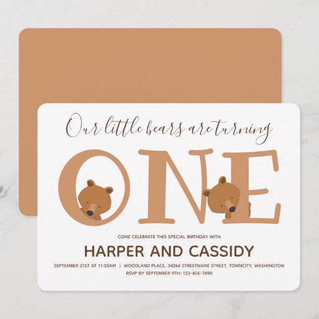 Bear Twins One Süße Tier Erster Geburtstag Einladung (Vorne/Hinten)