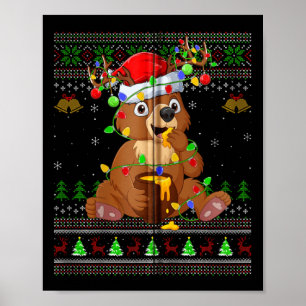 Bear Ugly Sweater Xmas Lights Weihnachtsmannmütze Poster
