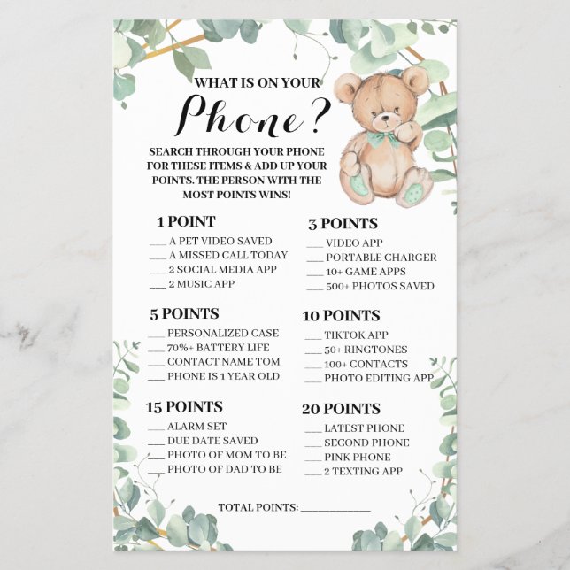 Bear Was auf deiner Phone Baby Shower Game Card is Flyer (Vorne)