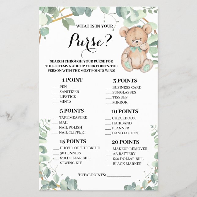 Bear Was in deiner Purse Baby Shower Game Card ist Flyer (Vorne)