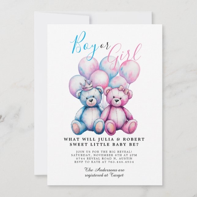 Bear Watercolor Gender Reveal Party Boy oder Girl Einladung (Vorderseite)