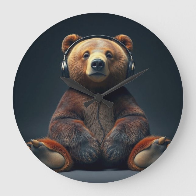 Bear Wearing Headphones Große Wanduhr (Vorderseite)