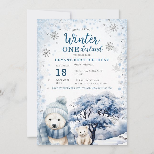 Bear Winter Onederland Arktische Tiere Geburtstag Einladung (Vorderseite)