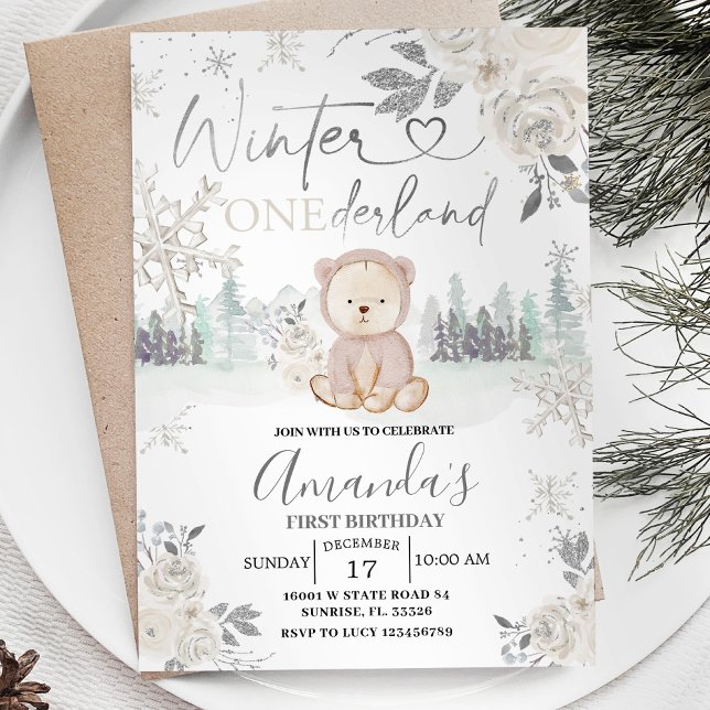 Bear Winter Onederland Snowflake Floral Geburtstag Einladung (Von Creator hochgeladen)