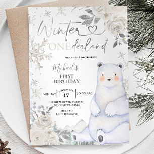 Bear Winter Onederland White Floral Geburtstag Einladung