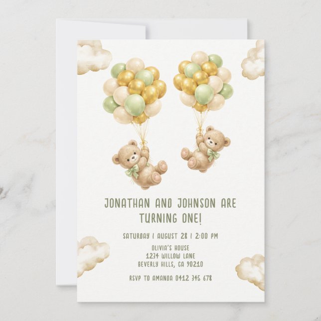Bear With Balloons Twins First Birthday Invitation Einladung (Vorderseite)