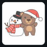 Bear With Snowman In Winter For Christmas Quadratischer Aufkleber<br><div class="desc">Bear with snowman in winter for Christmas - a snowman for winter and Christmas. A winter greeting in the cold season for the holidays. Christmas bear with snowman.</div>