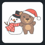 Bear With Snowman In Winter For Christmas Quadratischer Aufkleber<br><div class="desc">Bear with snowman in winter for Christmas - a snowman for winter and Christmas. A winter greeting in the cold season for the holidays. Christmas bear with snowman.</div>